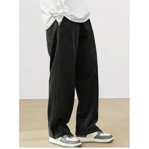Avanova Men's Black Front Tie Loose Fit Corduroy Baggy Long Slacks Chino Pants With Slant Pocket Simple Casual Trousers, Going Out (Code Pant 186 Black-30)