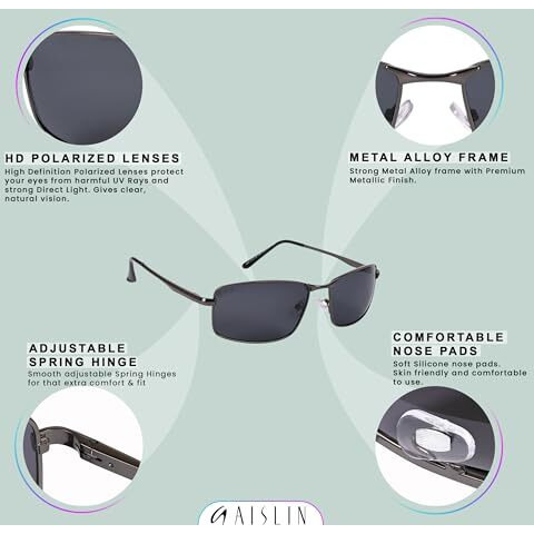 Aislin Polarized Rectangular/Wrap-Around Sunglasses For Men And Women (Black Lenses | Gun Frame | Medium | As K006)