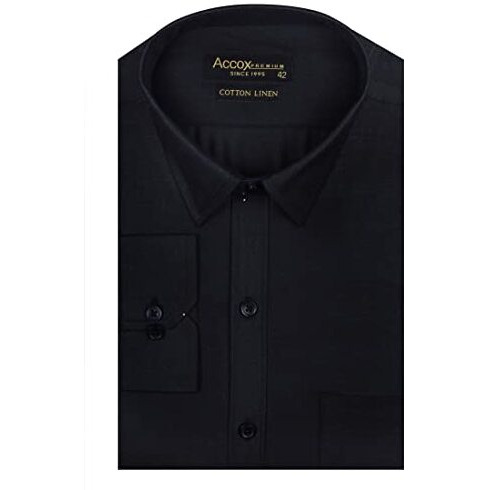 Accox Premium Breathable Cotton Linen Full Long Sleeves Plain Black Regular Fit Formal Shirt For Men (S_Gcr179_42)