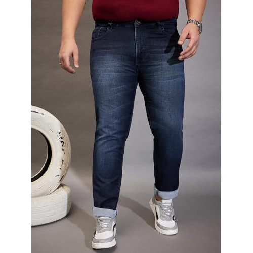 Bigbanana Plus Size Men's Regular Fit Solid Jeans (Demmi,Navy Blue,5Xl)