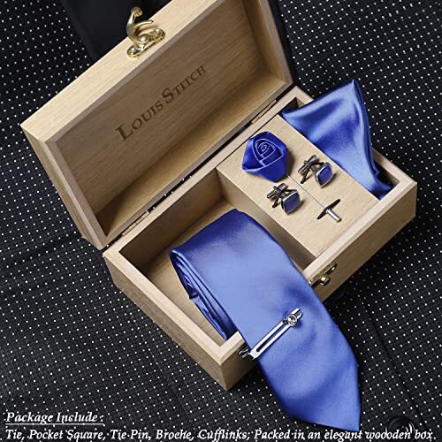 Louis Stitch Mens Solid Blue Luxury Italian Silk Necktie Set Brooch Chrome Tie Pin Cufflinks Pocket Square Combo (Czech) (Lste-Pl-Bu01-Cp)