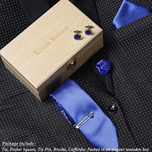 Louis Stitch Mens Solid Blue Luxury Italian Silk Necktie Set Brooch Chrome Tie Pin Cufflinks Pocket Square Combo (Czech) (Lste-Pl-Bu01-Cp)