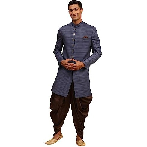Vastramay Men's Navy Blue Silk Blend Sherwani Set | Imported Fabric Designer Indowestern And Pant Style Pyjama