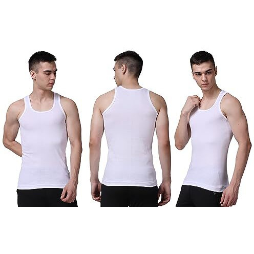 Firstfit Premium White Sleeveless Cotton Slim-Fit Round Neck Ultra Soft Solid Vest For Men, Men's Cotton Vest - Medium (Pack Of 2)