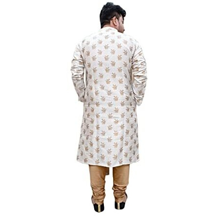 Larwa Men New Look Gold Leaves Jacquard Kurta & Churidar Set (Cream & Gold)Size42