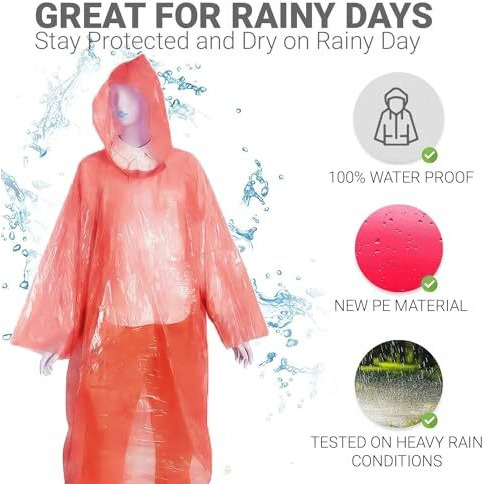 Amazon Brand - Symactive Plastic Hooded Knee Length Raincoat Reusable Lightweight Water Resistant Rainwear Packable Adult Unisex Suit Outdoor Rain Travel Men Women (3Pc, Multicolour, Transparent)