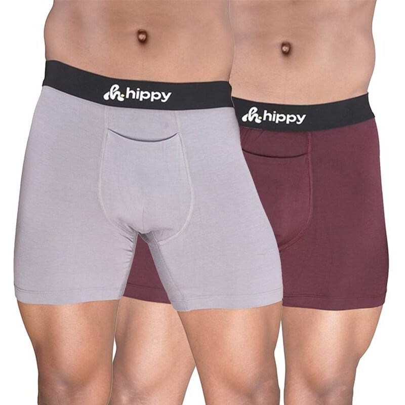 Onskin Men's Modal Long Trunks With Front Opening | Ultra-Soft Waistband, Moisture-Wicking, Breathable Men's Underwear | All-Day Comfort & Support Boxer Briefs | Pack Of 2 - Grey & Burgundy,M
