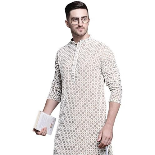 Jompers Men Sequin Embroidered Pure Cotton Kurtas (Beige, L)