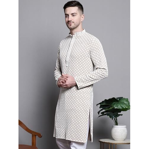 Jompers Men Sequin Embroidered Pure Cotton Kurtas (Beige, L)