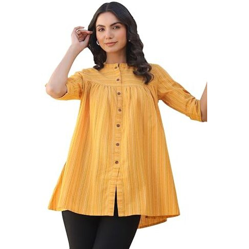 Janasya Women's Mustard Pure Cotton Woven Design Gathered Tunic (J0119-Tp-Re-Xs)