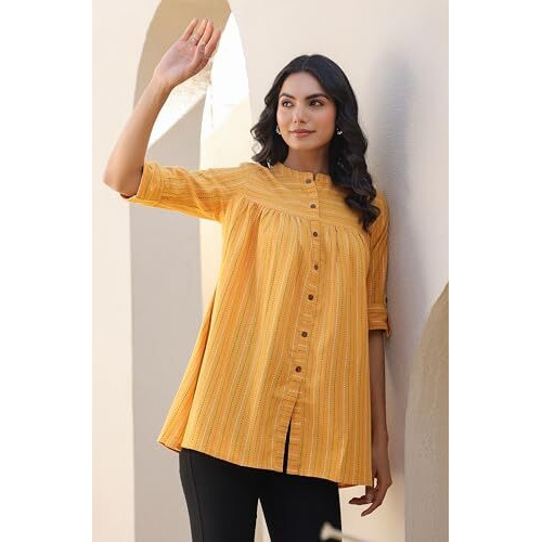 Janasya Women's Mustard Pure Cotton Woven Design Gathered Tunic (J0119-Tp-Re-Xs)