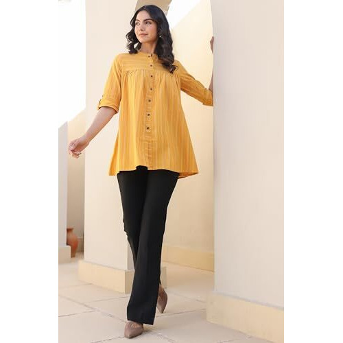 Janasya Women's Mustard Pure Cotton Woven Design Gathered Tunic (J0119-Tp-Re-Xs)