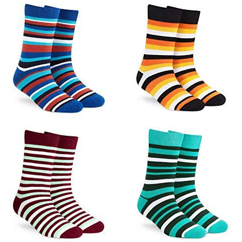 Dynamocks Men's And Women's Combed Cotton Stripes Crew Length Socks (Pack Of 4) (Multicolour, Free Size) (Stripes 1.0 + 2.0 + 3.0 + 4.0)