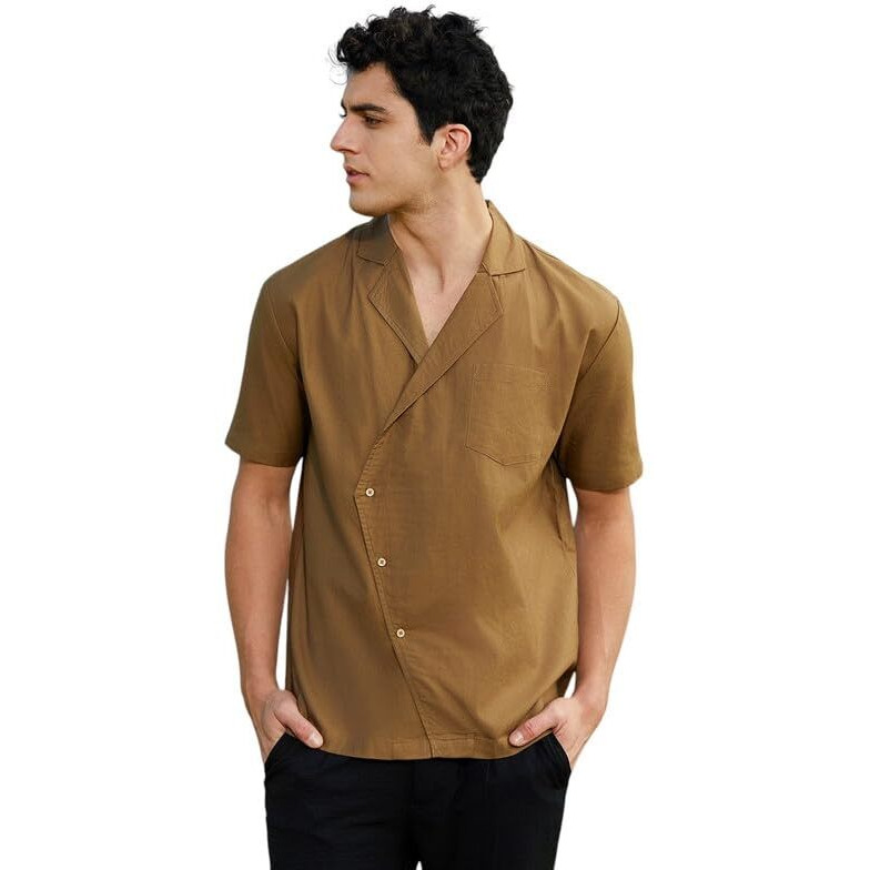 Campus Sutra Men's Camel Brown Asymmetrical Cuban Shirt For Casual Wear | Cuban Collar | Short Regular Sleeves | Button Closure | Shirt Crafted With Comfort Fit For Everyday Wear