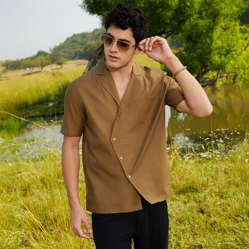 Campus Sutra Men's Camel Brown Asymmetrical Cuban Shirt For Casual Wear | Cuban Collar | Short Regular Sleeves | Button Closure | Shirt Crafted With Comfort Fit For Everyday Wear