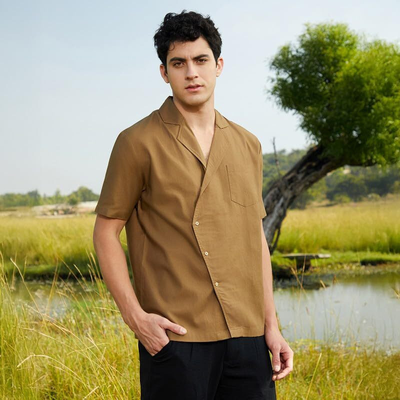Campus Sutra Men's Camel Brown Asymmetrical Cuban Shirt For Casual Wear | Cuban Collar | Short Regular Sleeves | Button Closure | Shirt Crafted With Comfort Fit For Everyday Wear