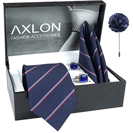 Axlon Mens Plaid Micro Self Silk Necktie Gift Set With Pocket Square Cufflinks & Brooch Pin Tie For Men Formal Tie Set With Box (Pack Of 4) (Blue, 2022Ax_4)
