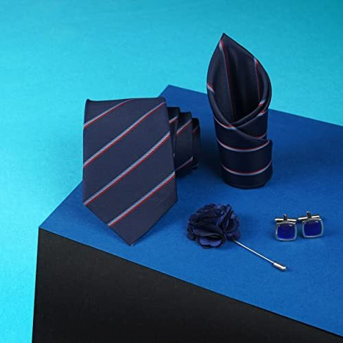 Axlon Mens Plaid Micro Self Silk Necktie Gift Set With Pocket Square Cufflinks & Brooch Pin Tie For Men Formal Tie Set With Box (Pack Of 4) (Blue, 2022Ax_4)