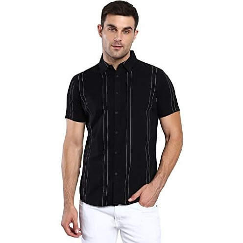 Dennis Lingo Men's Striped Black Slim Fit Cotton Casual Shirt With Spread Collar & Half Sleeves (Black) (Small) (C836_Black_S)