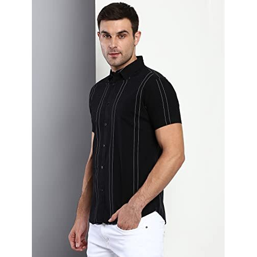 Dennis Lingo Men's Striped Black Slim Fit Cotton Casual Shirt With Spread Collar & Half Sleeves (Black) (Small) (C836_Black_S)