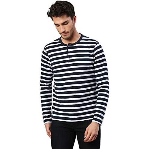 Dennis Lingo Men's Regular Fit Pure Cotton Striped Full Sleeves Casual T-Shirt (Navy, S)