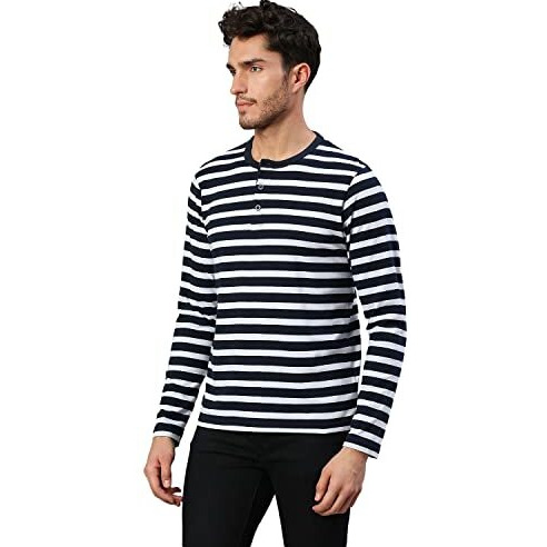 Dennis Lingo Men's Regular Fit Pure Cotton Striped Full Sleeves Casual T-Shirt (Navy, S)