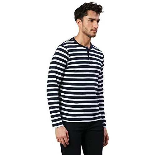 Dennis Lingo Men's Regular Fit Pure Cotton Striped Full Sleeves Casual T-Shirt (Navy, S)