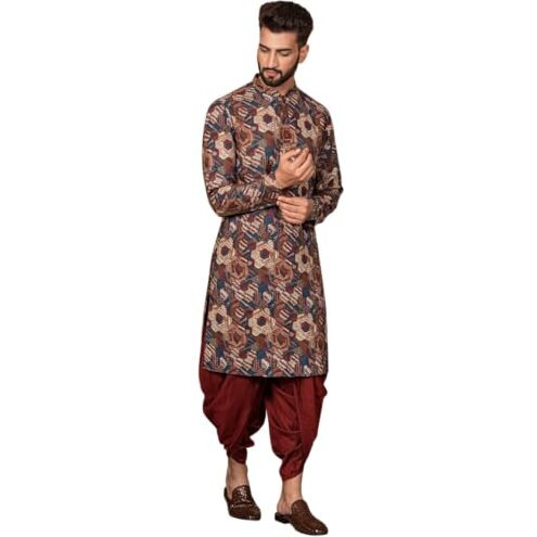 Kisah Men's Kurta Dhoti Set, Multi Cotton Blend, Printed Regular Fit Mandarin Collar Long Sleeves (L)