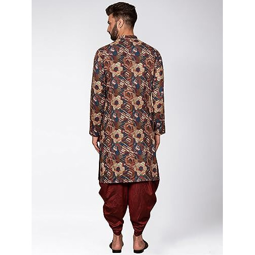 Kisah Men's Kurta Dhoti Set, Multi Cotton Blend, Printed Regular Fit Mandarin Collar Long Sleeves (L)