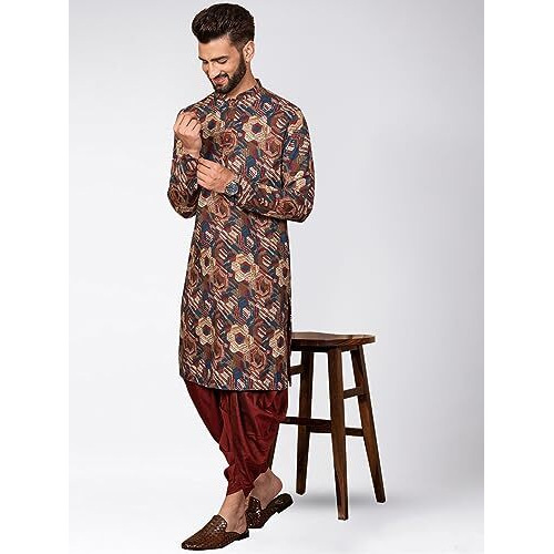 Kisah Men's Kurta Dhoti Set, Multi Cotton Blend, Printed Regular Fit Mandarin Collar Long Sleeves (L)