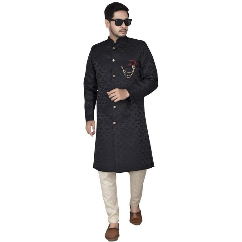 Amzira Mens Ethnic Wear Black Traditional Indo Western Set(Black, M Size)