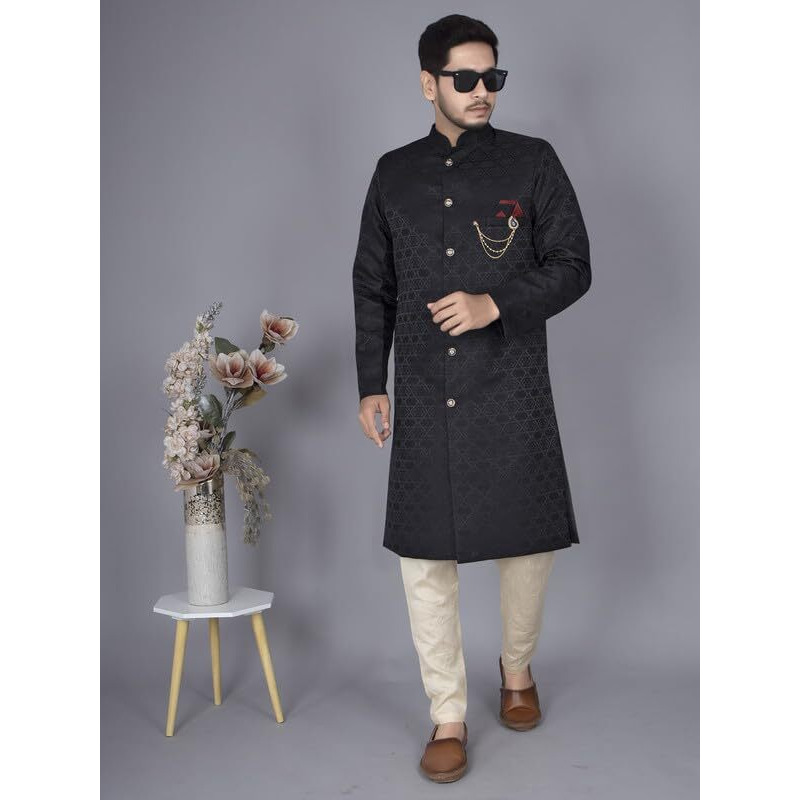 Amzira Mens Ethnic Wear Black Traditional Indo Western Set(Black, M Size)