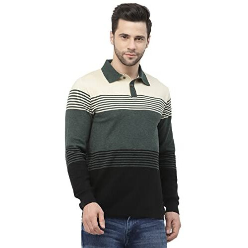 Kalt Men Full Sleeve Multi Color Designer Striped Cotton Blend Polo T-Shirt With Collar Stylish(BlackGreen MelangeXl)