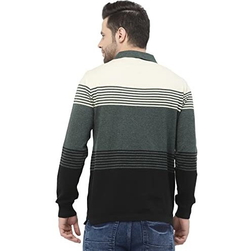 Kalt Men Full Sleeve Multi Color Designer Striped Cotton Blend Polo T-Shirt With Collar Stylish(BlackGreen MelangeXl)