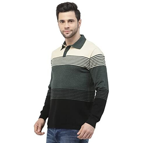 Kalt Men Full Sleeve Multi Color Designer Striped Cotton Blend Polo T-Shirt With Collar Stylish(BlackGreen MelangeXl)