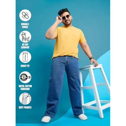 Bigbanana Plus Size Men's Baggy Fit Solid Jeans (Scroll-Indigo,Blue,7Xl)