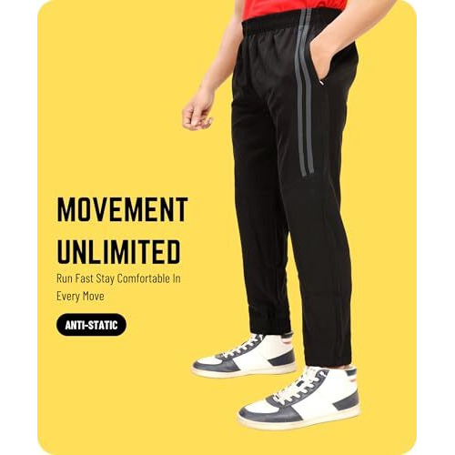 Swadesi Stuff Dry Fit Men's Black Mid Rise Joggers With Side Stripes Athletic Track Pant With Zipper Pockets (In, Alpha, Small, Regular, Black)