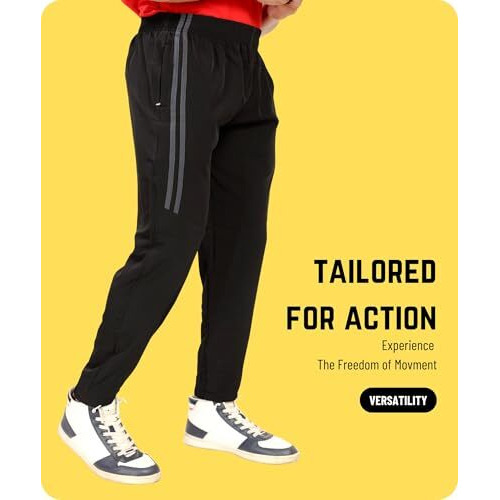 Swadesi Stuff Dry Fit Men's Black Mid Rise Joggers With Side Stripes Athletic Track Pant With Zipper Pockets (In, Alpha, Small, Regular, Black)