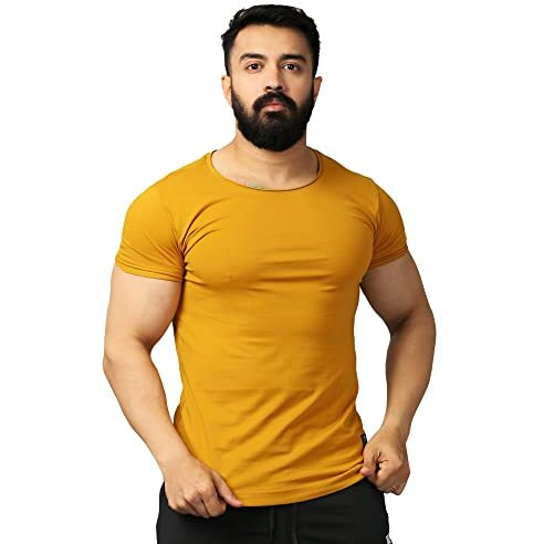 Mens Scoop Neck Slim Fit Gym And Sports T-Shirt (Medium, Mustard)