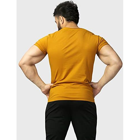 Mens Scoop Neck Slim Fit Gym And Sports T-Shirt (Medium, Mustard)