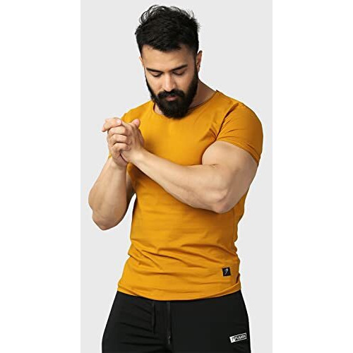 Mens Scoop Neck Slim Fit Gym And Sports T-Shirt (Medium, Mustard)