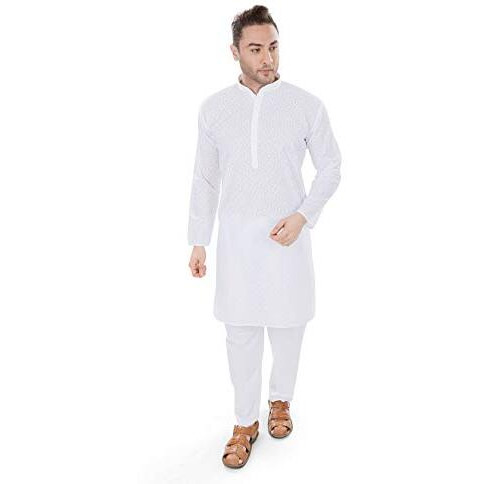 Luckwin 100% Cotton Regular Fit, Mandarin Collar, Chikankari Kurta Pajama Set In White For Men [Lwkp024-42]