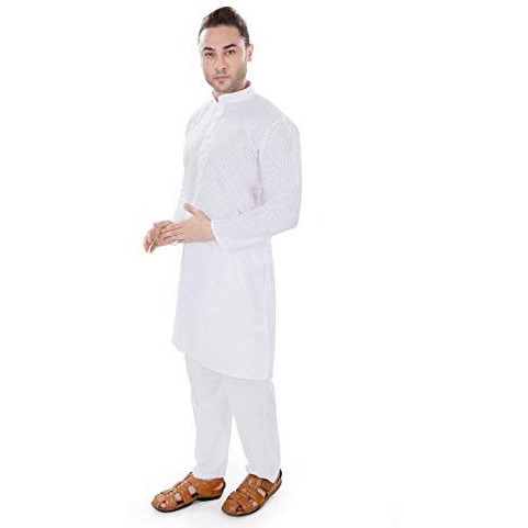 Luckwin 100% Cotton Regular Fit, Mandarin Collar, Chikankari Kurta Pajama Set In White For Men [Lwkp024-42]