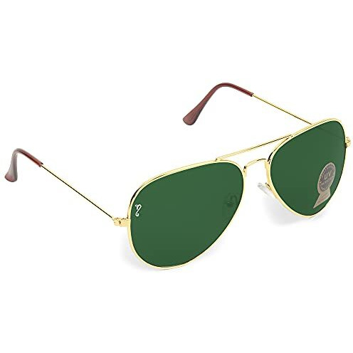 Campeon Unisex Uv Protected Aviator Rose Gold Frame Green Glass Sunglasses With Attractive Case- Pack Of 1 (Medium)