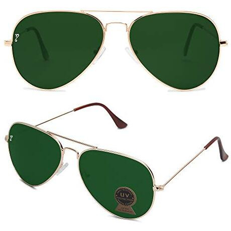 Campeon Unisex Uv Protected Aviator Rose Gold Frame Green Glass Sunglasses With Attractive Case- Pack Of 1 (Medium)