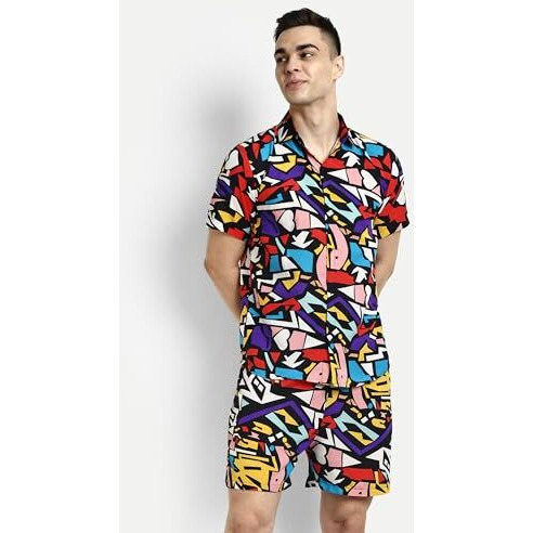 Dhruvi Trendz Mens Rayon Men Co-Ord Set Regular Fit Night Dress (Dt-Ms-6106&Sh199_Multi_Xs) Multicolour