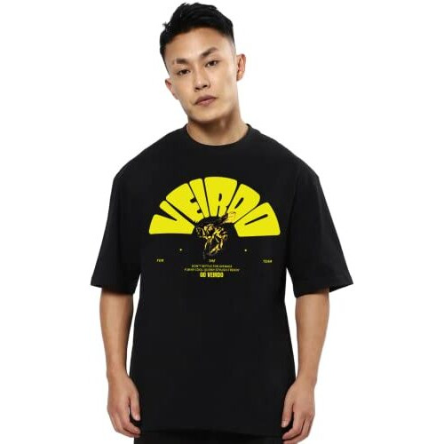Veirdo Pure Cotton Oversize Loose Fit Drop Shoulder Round Neck Half Sleeve Graphic Black Printed T-Shirt For Men (Os_100_Hnyveirdo_Bk)