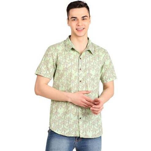 Colorish Pure Cotton Block Printed Men's Casual Half Sleeves Shirt For Summer, Green, X-Large