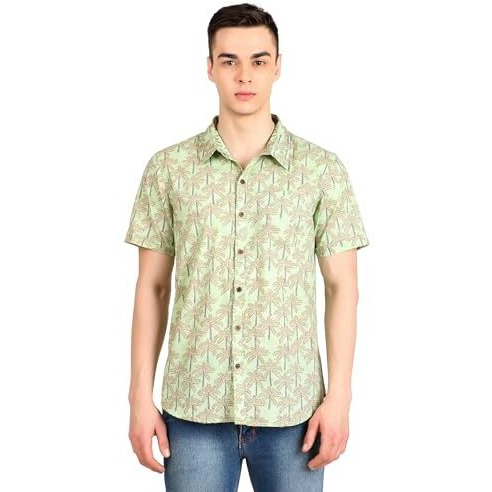Colorish Pure Cotton Block Printed Men's Casual Half Sleeves Shirt For Summer, Green, X-Large