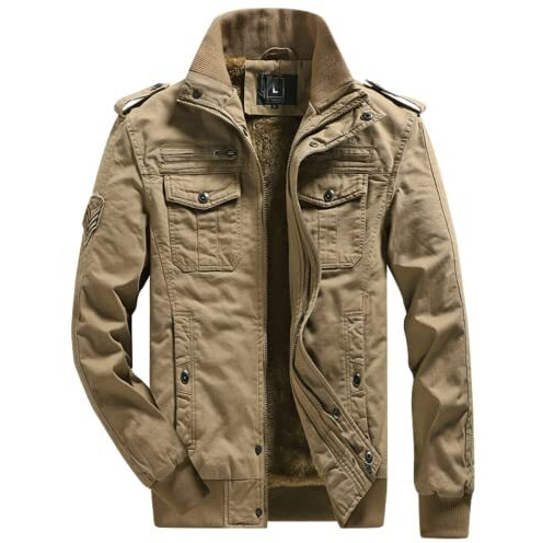 L'Monte Men's Imported Cotton Cargo Winter Standard Length Jacket Fleece Lining, Windproof Design, And Stylish Casual Outerwear (L, Khaki)